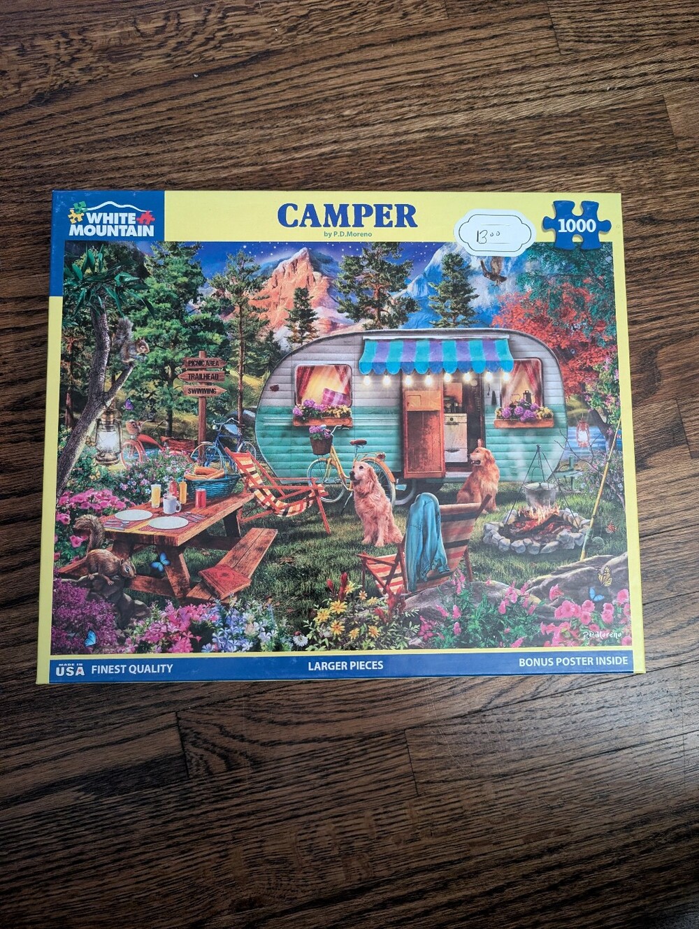 White Mountain Camper Puzzle — Teal Trailer with Blue, Yellow & Pink Accents